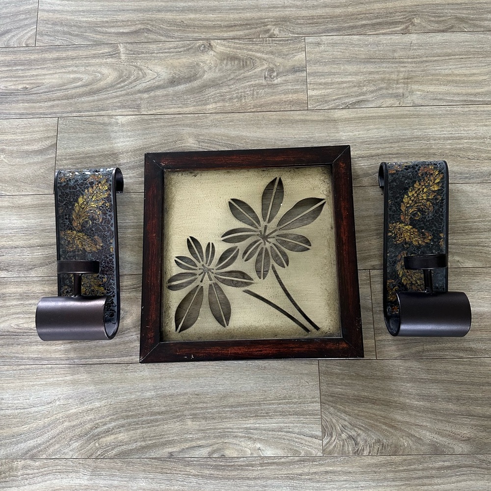 Floral Wall Art with Candle Holders - Deep brown and tan color